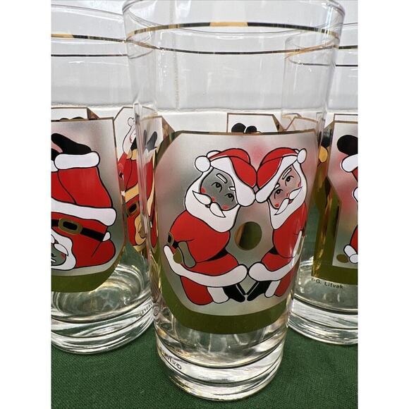 Culver Signed Santa Gold JOY Highball Glasses G. Litvak Set Of 4 - Picture 3 of 11